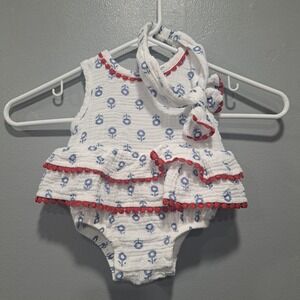 RZ by Rachel Zoe Baby Girl Floral Muslin Romper Set Pom Pom Trim 0-3M White Blue